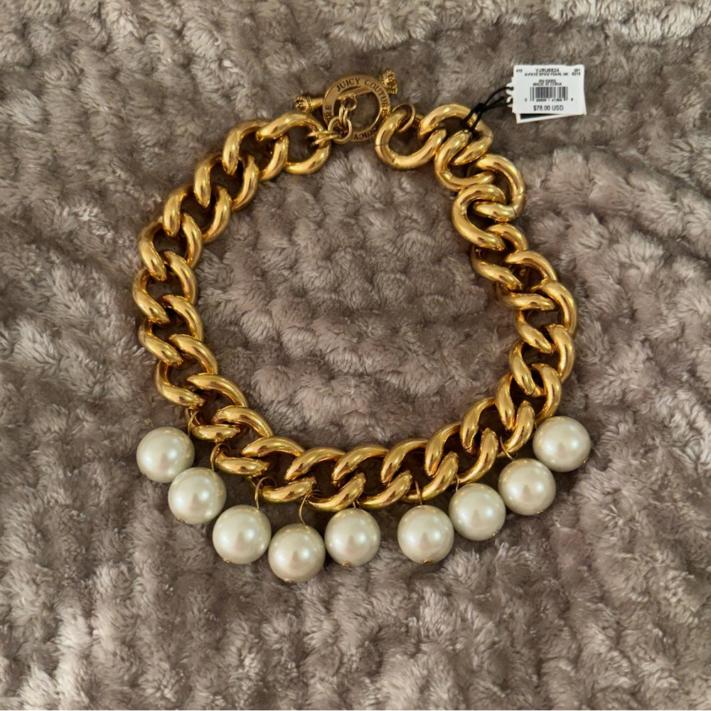 New Juicy Couture Gold Tone Chain Necklace with Faux Pearls